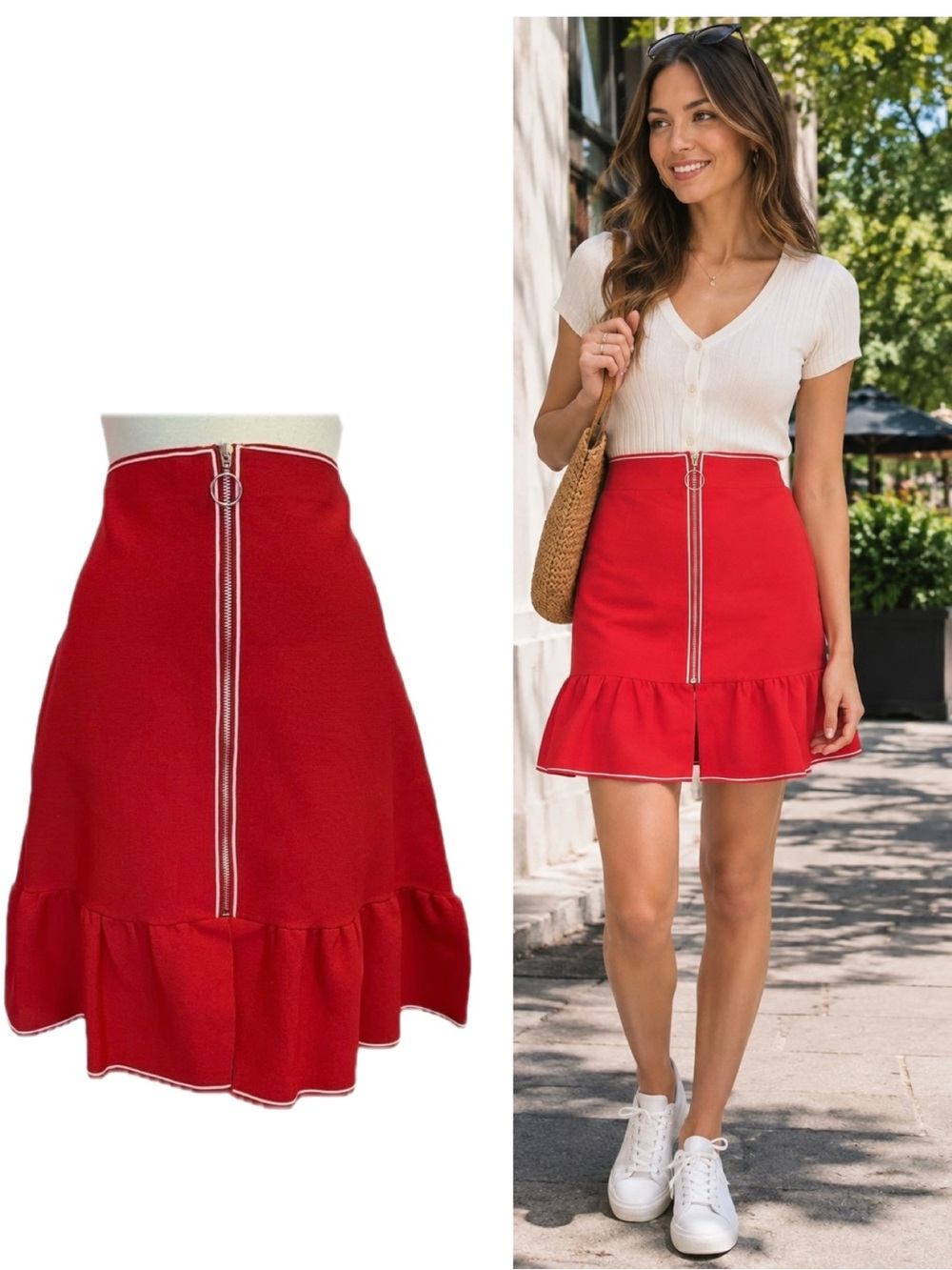Sandro Paris Red Ruffle Hem Zip Front Skirt Size 8/10